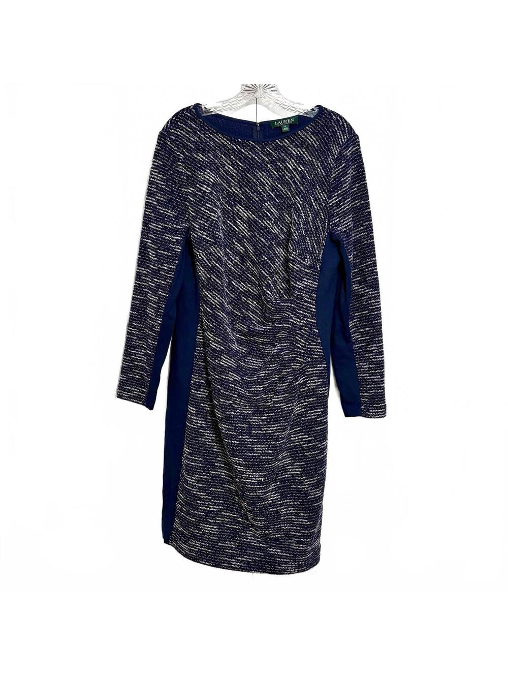 Lauren Ralph Lauren Long Sleeve Dress Tweed Navy Stretch Knee Length Sz 16